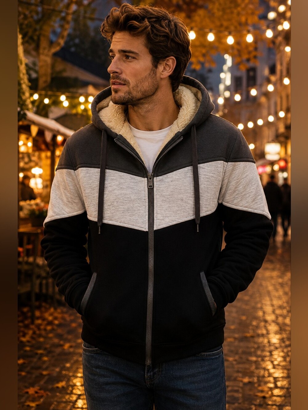 NWT AIELVIN Men’s XL Sherpa Lined Hoodie Jacket Black Gray Winter Coat